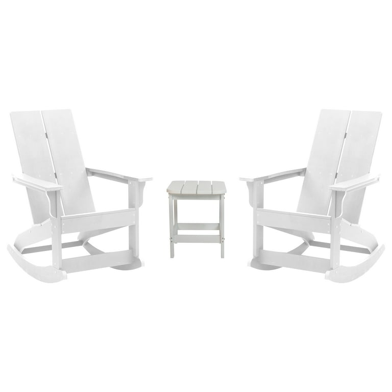 Flash Furniture Finn 3 Piece Adirondack Rocking Patio Chair and Side Table Set White