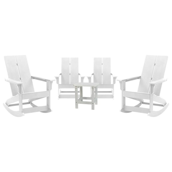 Flash Furniture Finn 5-Piece Adirondack Rocking Patio Chair and Side Table Set, White