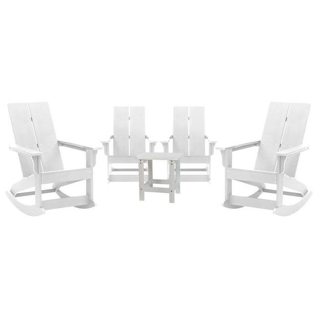 Flash Furniture Finn 5-Piece Adirondack Rocking Patio Chair and Side Table Set, White