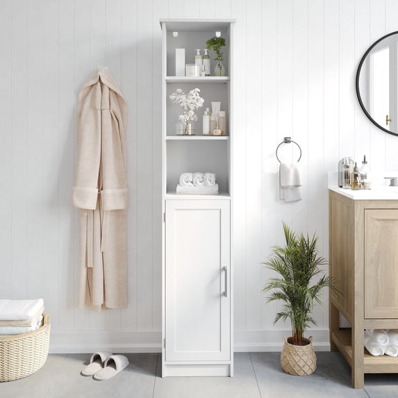 Flash Furniture Freestanding Linen Tower Storage Cabinet with Magnetic Close Door, In-Cabinet Adjustable Shelf, and 3 Upper Open Shelves in White
