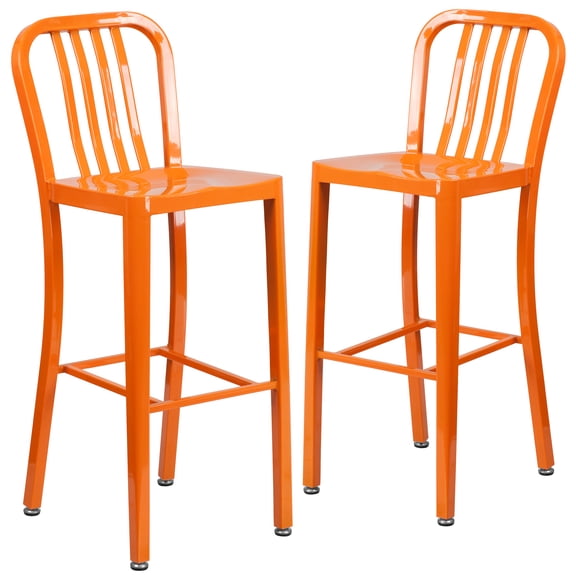 Flash Furniture Gael Commercial Barstool with Vertical Slat Back, Orange Metal (Set of 2)