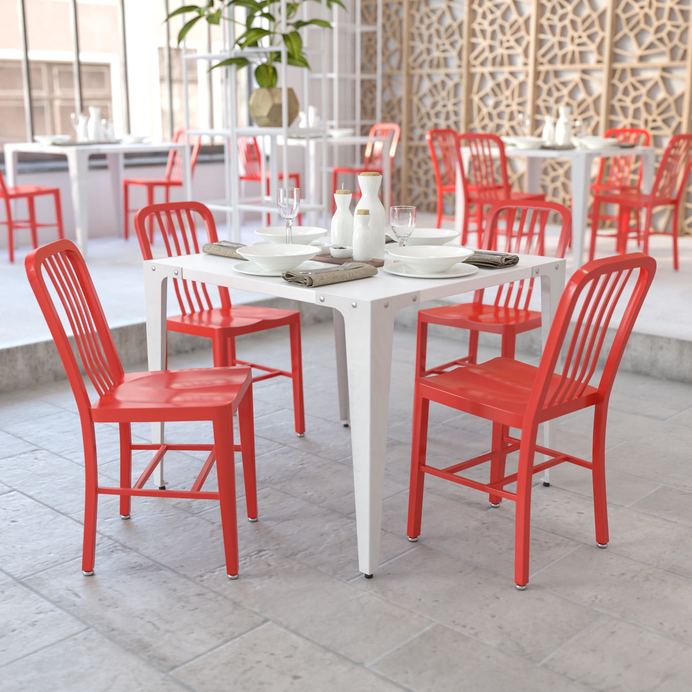 Glossy Red Metal Indoor-Outdoor Dining Chair Duo
