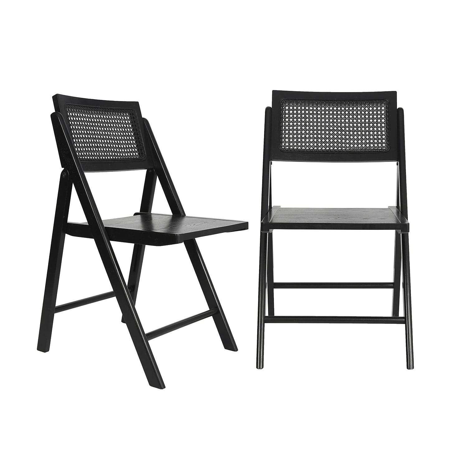 Black Birchwood Cane Rattan Folding Chairs, Set of 2
