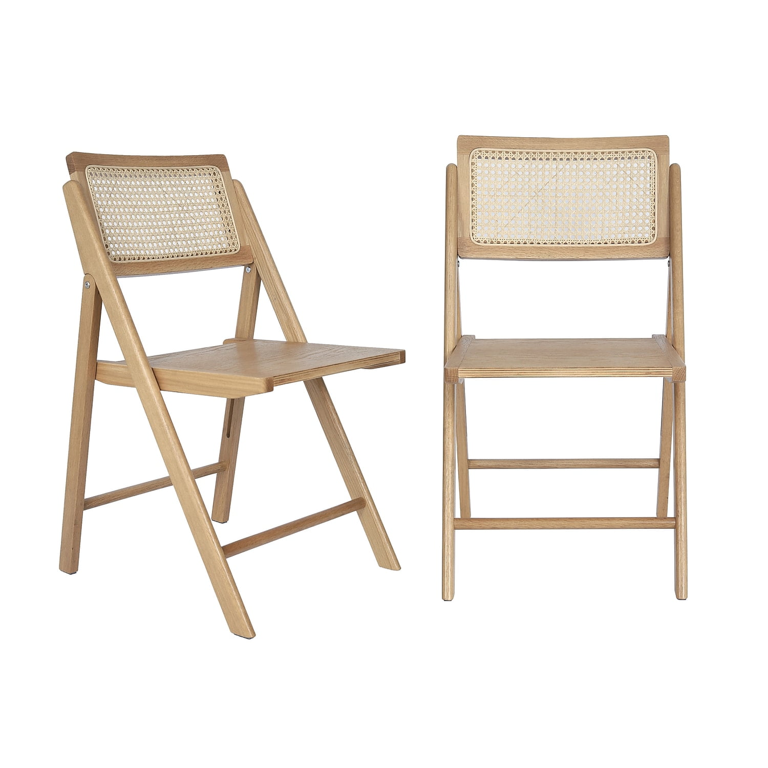 Natural Cane Rattan and Wood Folding Dining Chairs, Set of 2