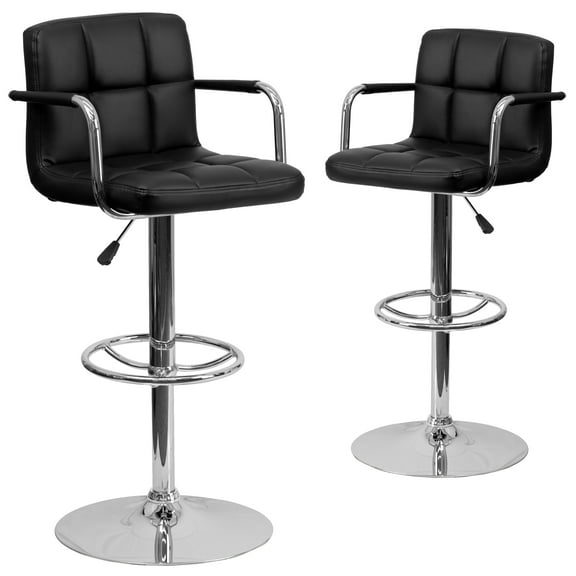 Flash Furniture Genna 2 Pack Contemporary Black Quilted Vinyl Adjustable Height Barstool with Arms and Chrome Base