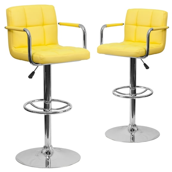 Flash Furniture Genna 2 Pack Contemporary Yellow Quilted Vinyl Adjustable Height Barstool with Arms and Chrome Base