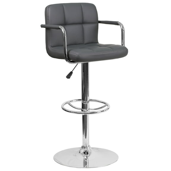 Flash Furniture Genna Contemporary Gray Quilted Vinyl Adjustable Height Barstool with Arms and Chrome Base