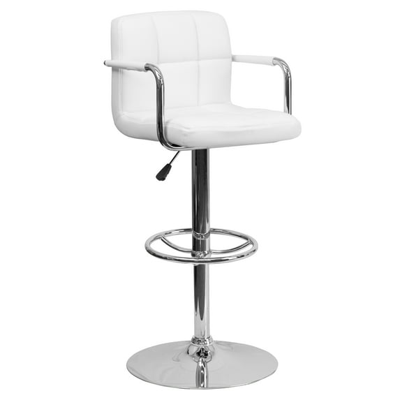 Flash Furniture Genna Contemporary White Quilted Vinyl Adjustable Height Barstool with Arms and Chrome Base