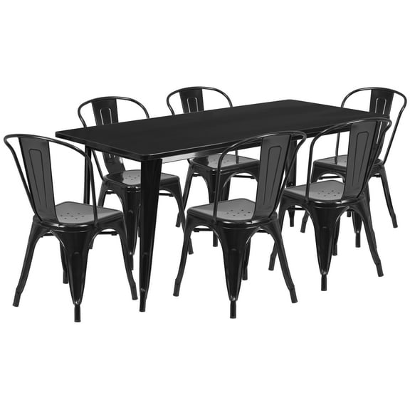 Flash Furniture Gilbert Commercial Grade 31.5" x 63" Rectangular Black Metal Indoor-Outdoor Table Set with 6 Stack Chairs