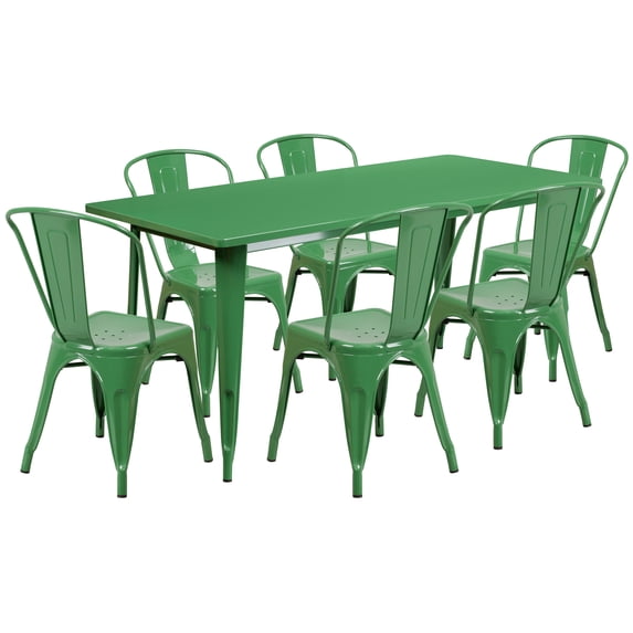 Flash Furniture Gilbert Commercial Grade 31.5" x 63" Rectangular Green Metal Indoor-Outdoor Table Set with 6 Stack Chairs