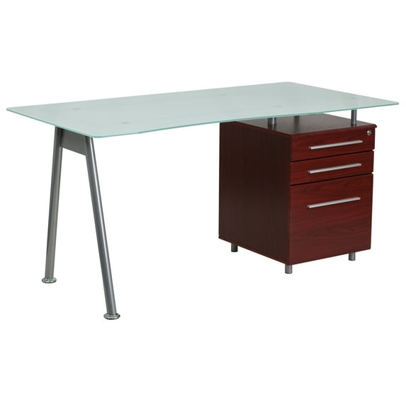 Flash Furniture Glass Computer Desk with Mahogany Three Drawer Pedestal