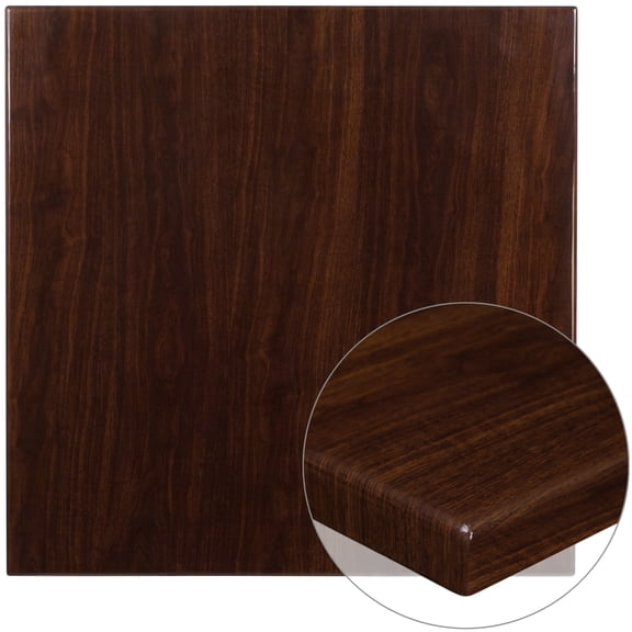 Flash Furniture Glenbrook 36'' Square High-Gloss Walnut Resin Table Top with 2'' Thick Drop-Lip