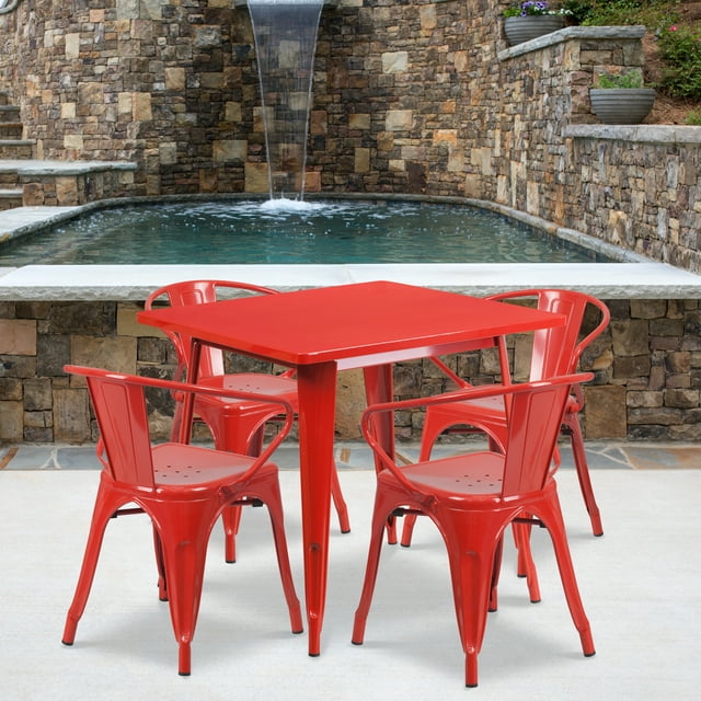 Flash Furniture Grady Commercial Grade 31.5" Square Red Metal Indoor-Outdoor Table Set with 4 Arm Chairs