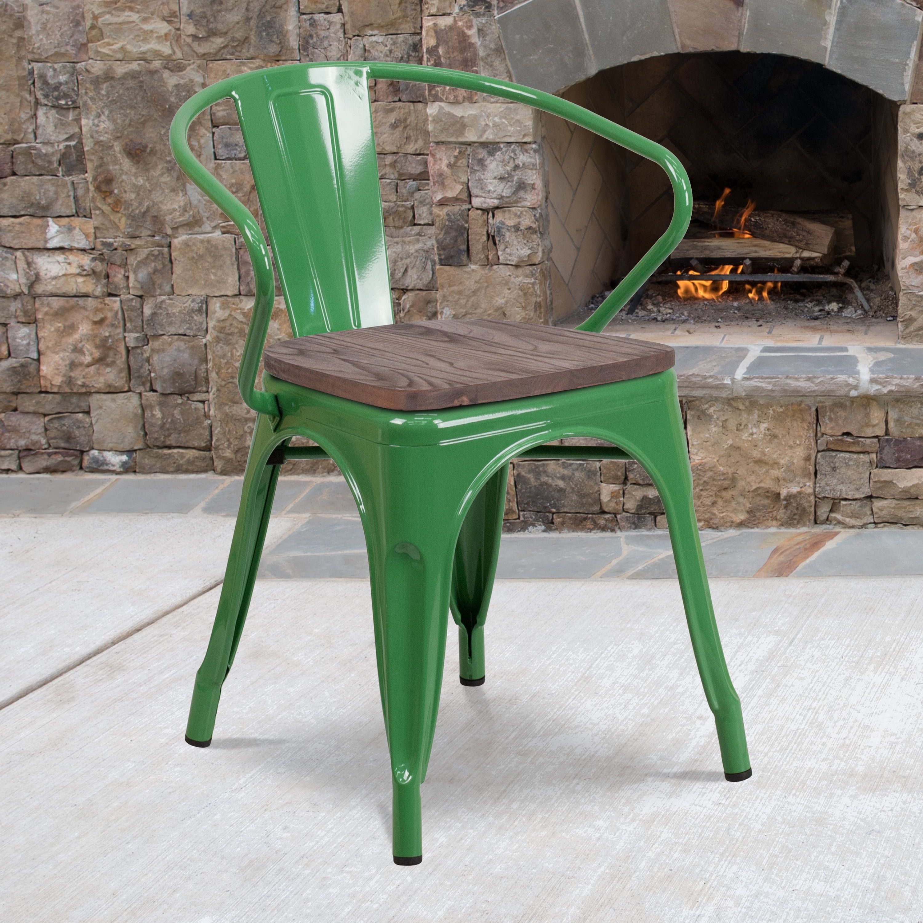 Rustic-Chic Green Metal Bistro Armchair with Wood Seat