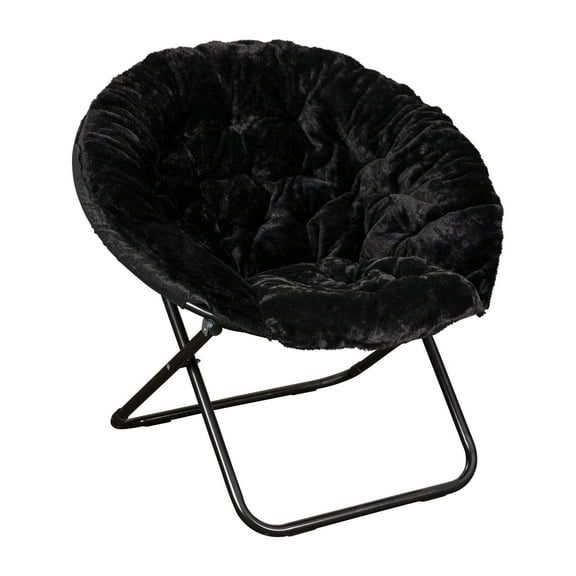 Flash Furniture Gwen 38" Oversize Portable Faux Fur Folding Saucer Moon Chair for Dorm and Bedroom, Black Faux Fur/Black Frame