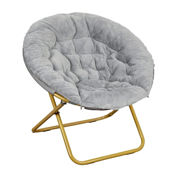 Flash Furniture Gwen 38" Oversize Portable Faux Fur Folding Saucer Moon Chair for Dorm and Bedroom, Gray Faux Fur/Soft Gold Frame