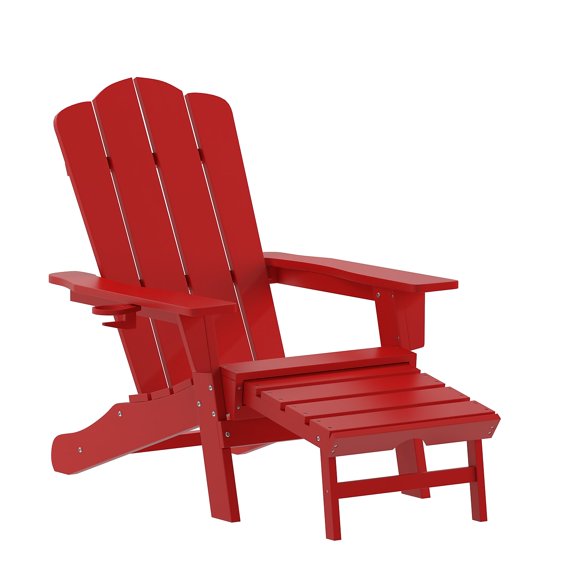 Flash Furniture HDPE Adirondack Chair with Cup Holder and Pull Out Ottoman, All-Weather HDPE Indoor/Outdoor Lounge Chair in Red