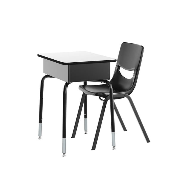 Flash Furniture Student Desk with Open Front Metal Book Box, Gray Desktop, and Black Frame and Black Heavy-Duty Flex Comfort Classroom Stack Chair