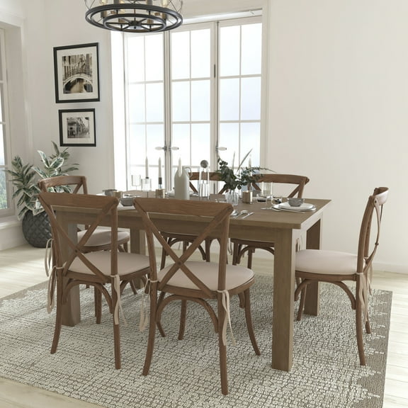 Flash Furniture HERCULES 60" x 38" Antique Rustic Farm Table Set with 6 Cross Back Chairs and Cushions