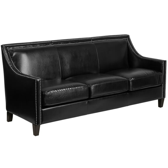Flash Furniture HERCULES Compass Series Transitional Black Leather Sofa with Walnut Legs