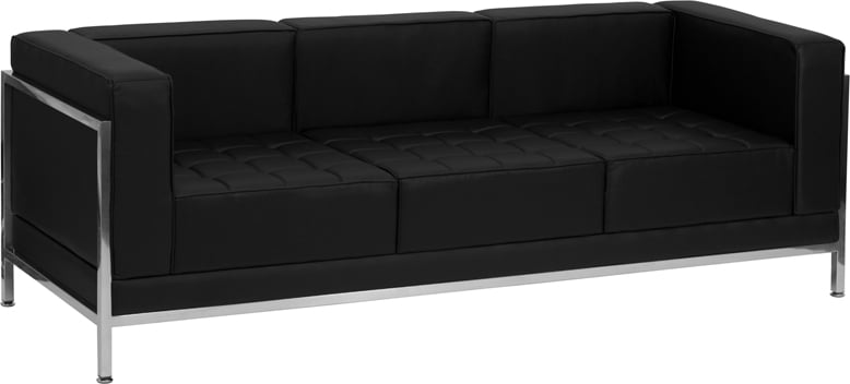 Modern Black Leather Tufted Reception Sofa with Metal Frame