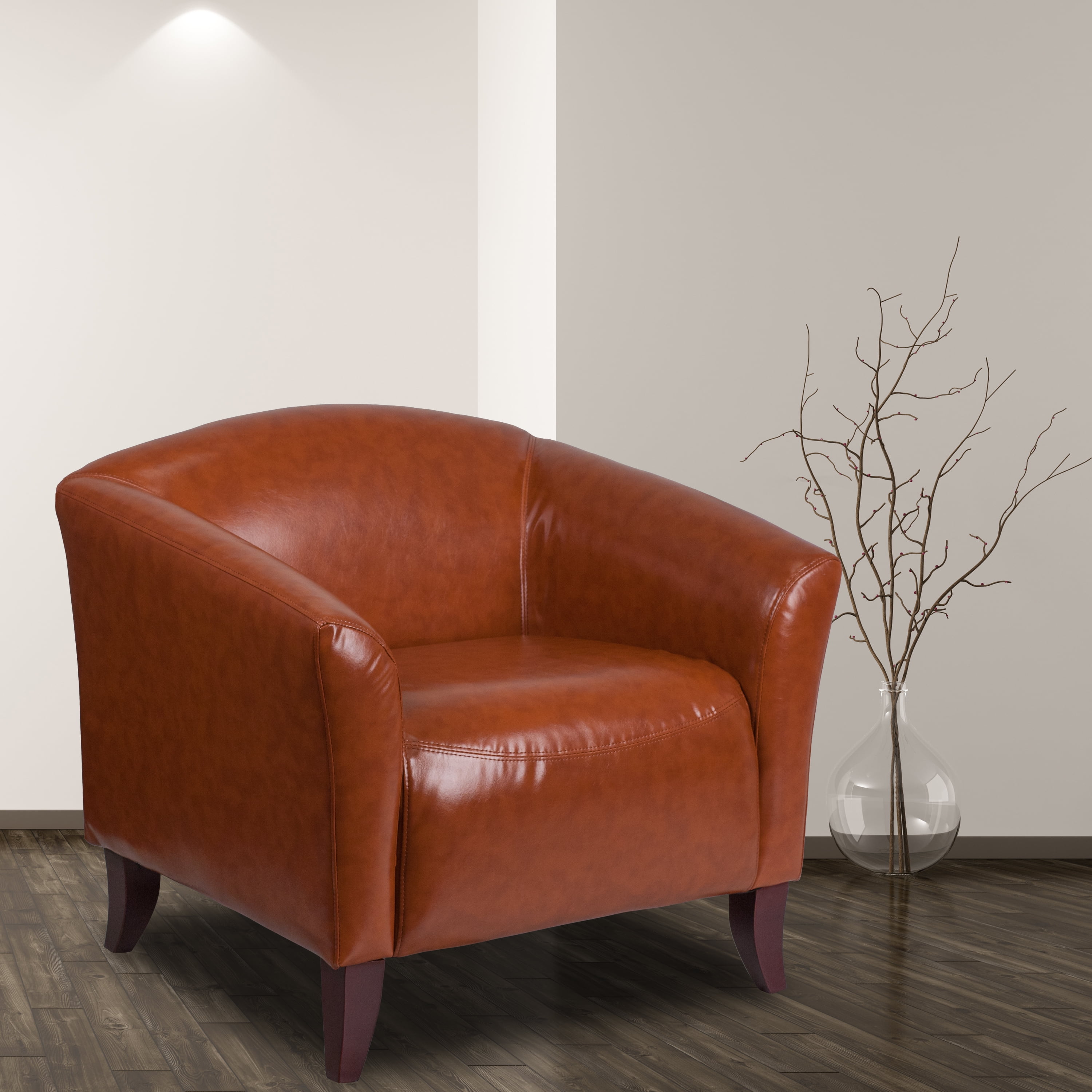 Elevated Cognac Leather and Curved Wood Reception Chair