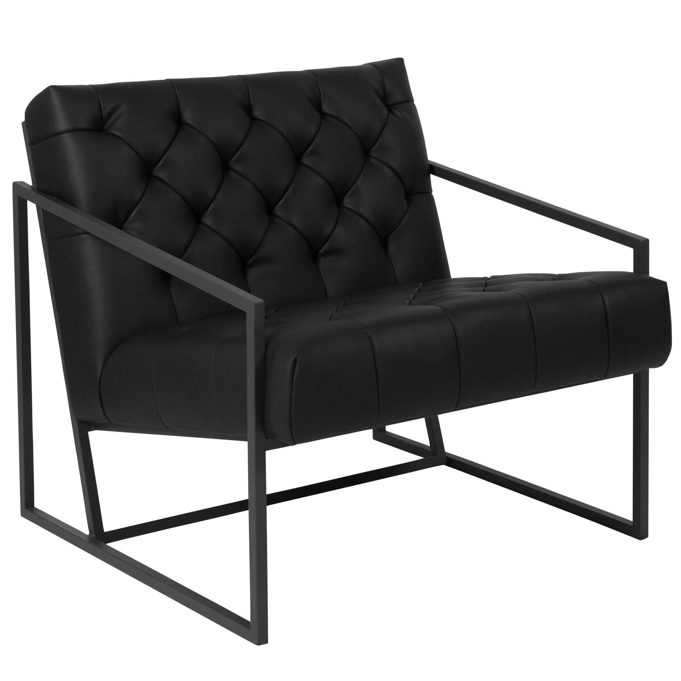 Transitional Black Leather Mid-Back Tufted Lounge Chair with Metal Frame