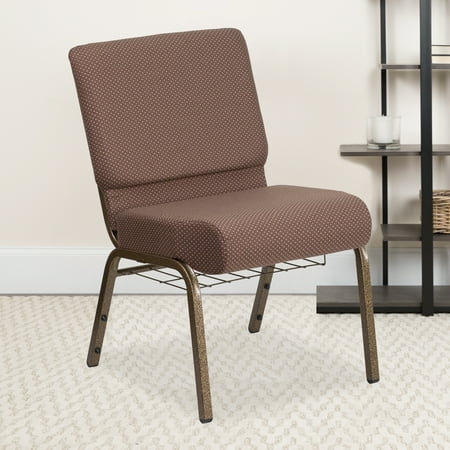 Flash Furniture HERCULES Series 21''W Church Chair in Brown Dot Fabric with Book Rack - Gold Vein Frame