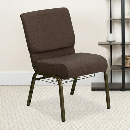 Flash Furniture HERCULES Series 21''W Church Chair in Brown Fabric with Cup Book Rack - Gold Vein Frame