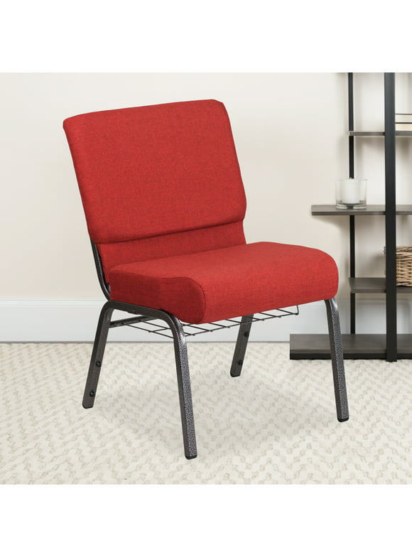 Flash Furniture HERCULES Series 21''W Church Chair in Crimson Fabric with Cup Book Rack - Silver Vein Frame