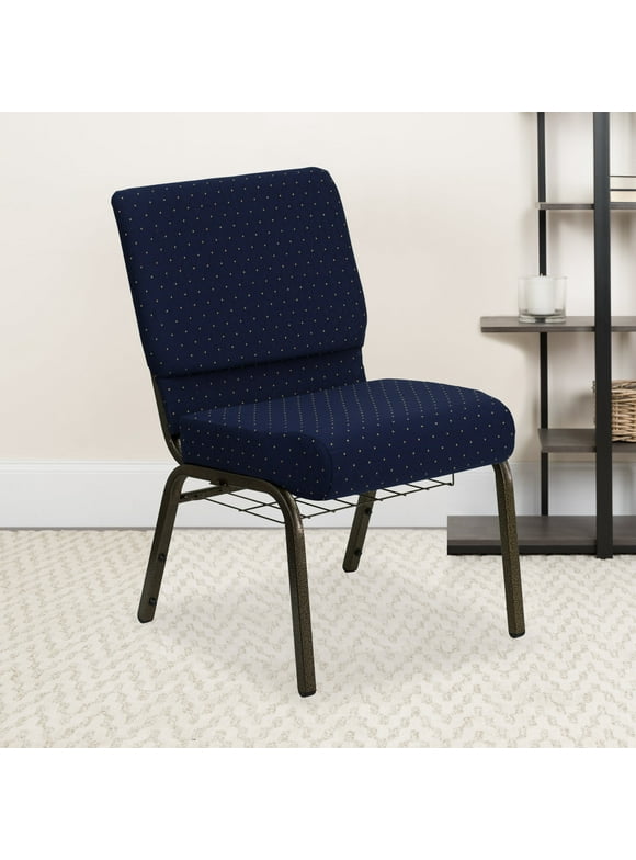Flash Furniture HERCULES Series 21''W Church Chair in Navy Blue Dot Patterned Fabric with Book Rack - Gold Vein Frame