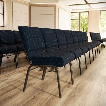 Flash Furniture 21''W Church Chair in Navy Blue Dot Patterned Fabric with Book Rack - Gold Vein Frame