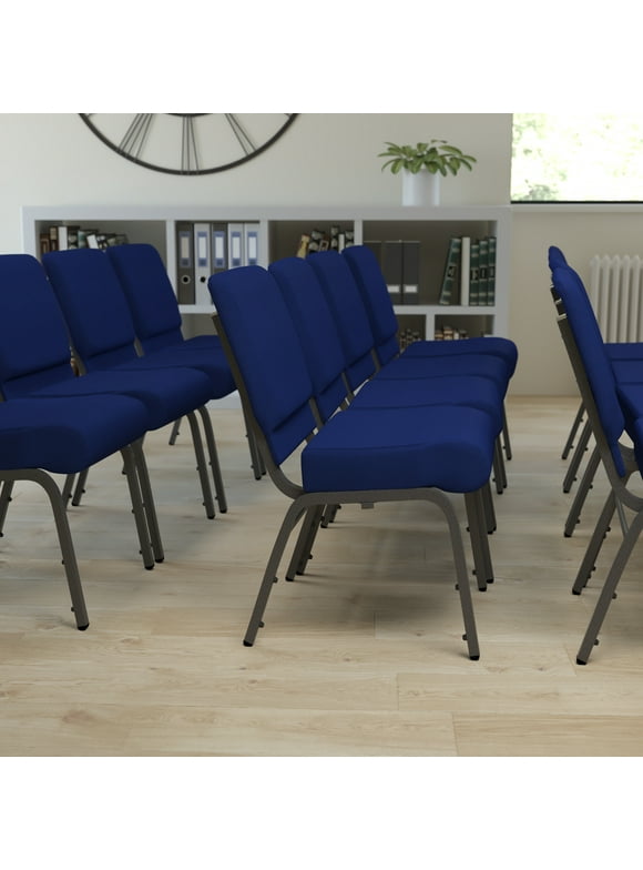 Flash Furniture HERCULES Series 21''W Stacking Church Chair in Navy Blue Fabric - Silver Vein Frame