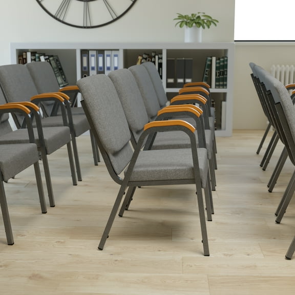Flash Furniture HERCULES Series 21"W Stacking Wood Accent Arm Church Chair in Gray Fabric - Silver Vein Frame
