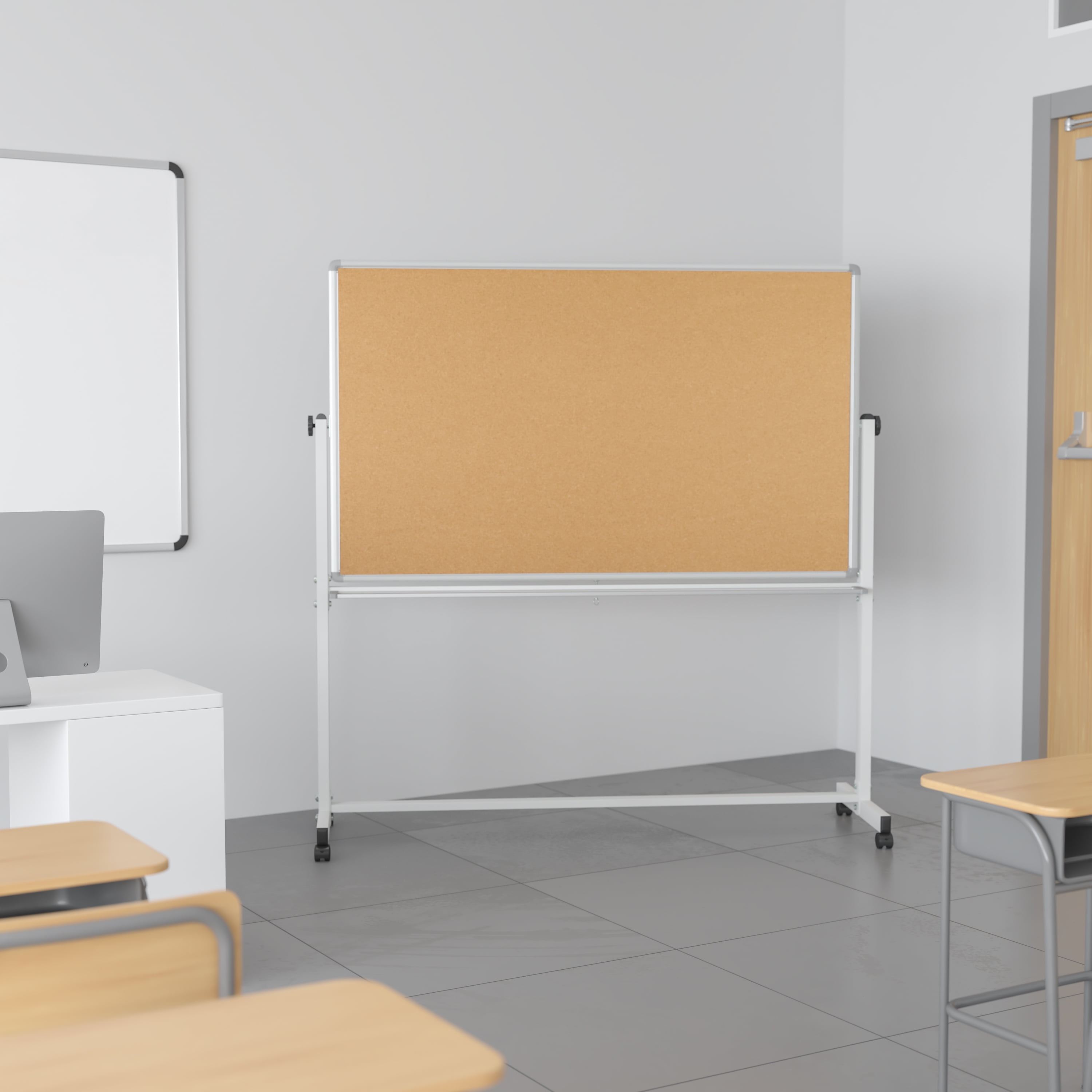 Flash Furniture HERCULES Series 45.25"W x 54.75"H Reversible Mobile Cork Bulletin Board and White Board with Pen Tray