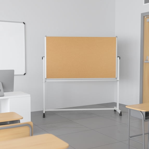 Flash Furniture HERCULES Series 45.25"W x 54.75"H Reversible Mobile Cork Bulletin Board and White Board with Pen Tray