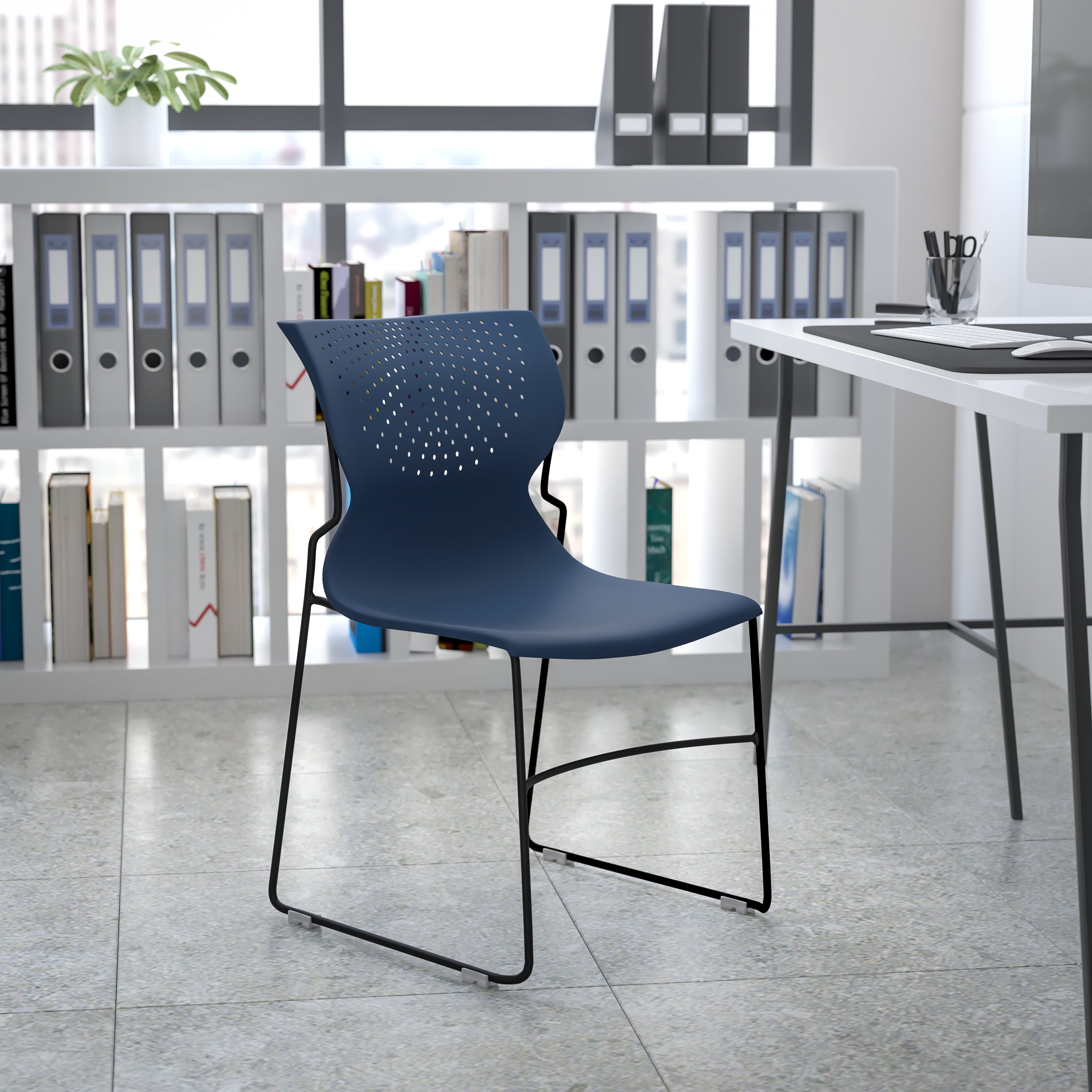 Navy Blue Metal Full Back Stacking Chair
