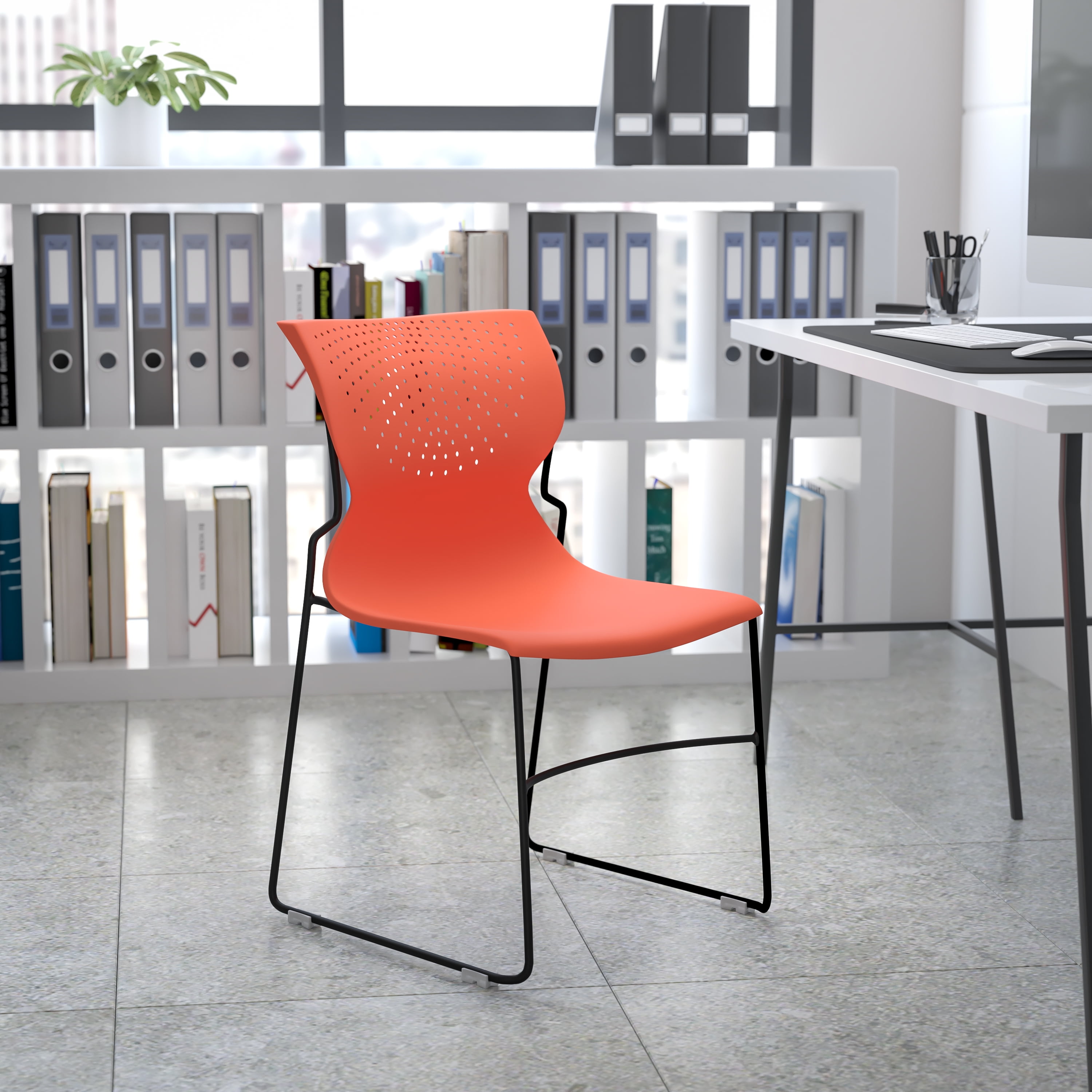 Everleigh Orange Full Back Ergonomic Stack Chair with Gray Metal Frame
