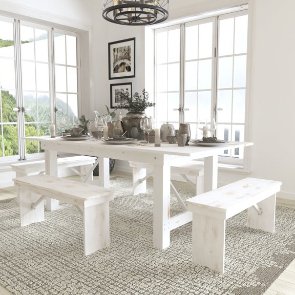 Flash Furniture HERCULES Series 7' x 40" Antique Rustic White Folding Farm Table and Four Bench Set