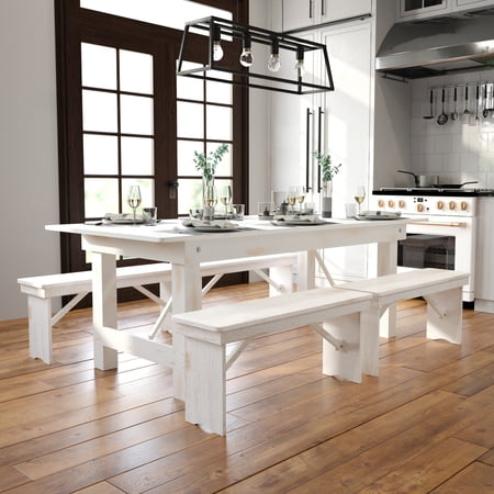Flash Furniture HERCULES Series 7' x 40" Rectangular Antique Rustic White Solid Pine Folding Farm Table