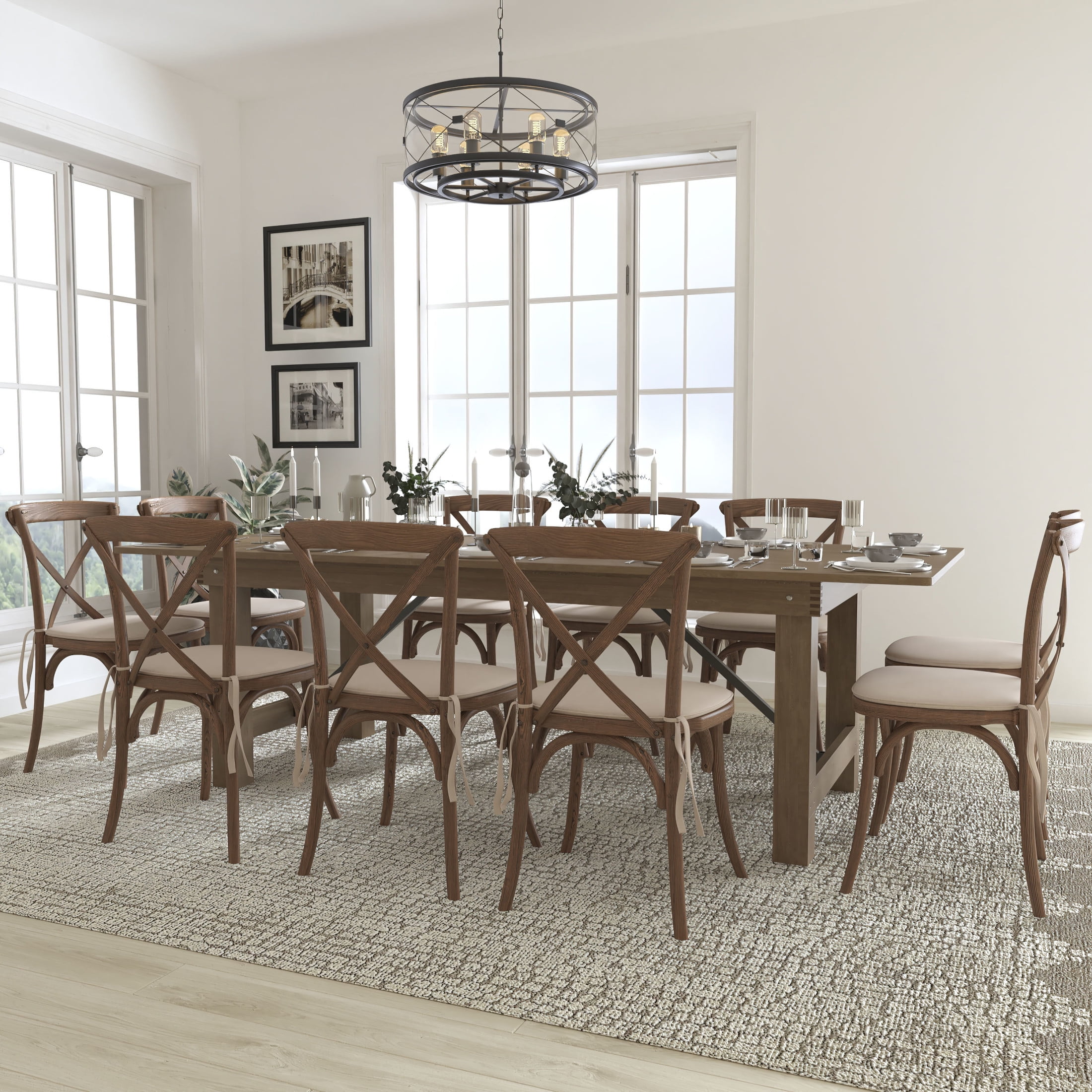 Flash Furniture Hercules Series 9 x 40 Folding Farmhouse Dining Table with 12 Cross Back Chairs