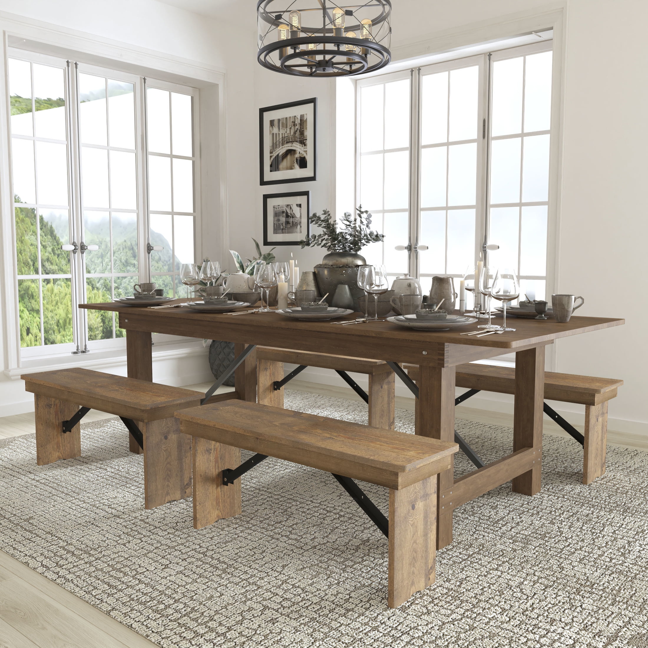 Antique Rustic Pine 8' Farm Table & Four Bench Set