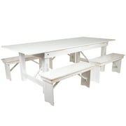 Flash Furniture HERCULES Series 8' x 40" Antique Rustic White Folding Farm Table and Four 40.25"L Bench Set