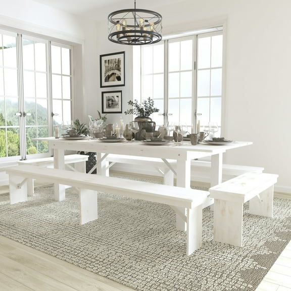Flash Furniture HERCULES Series 8' x 40" Antique Rustic White Folding Farm Table and Four Bench Set