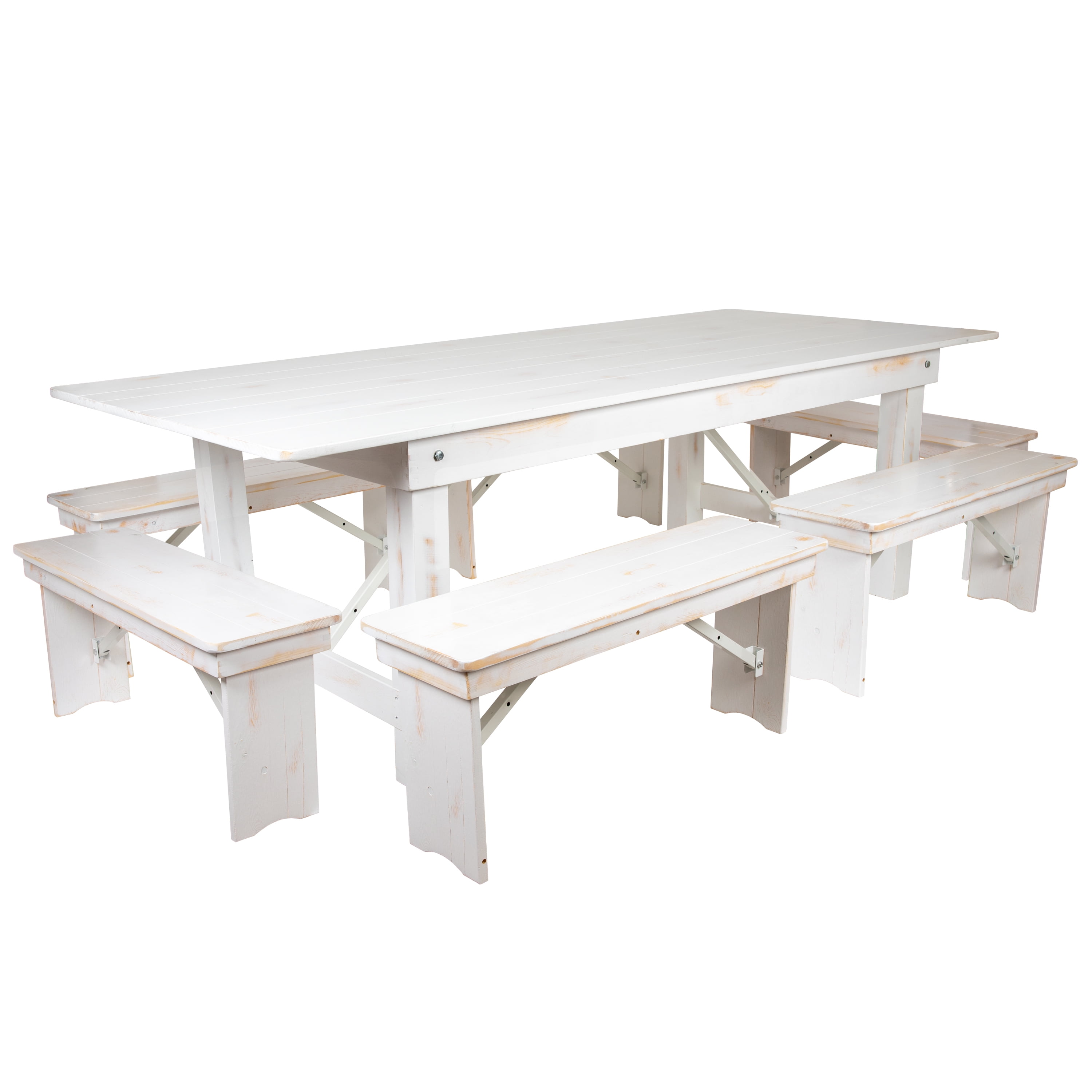 Antique Rustic White Solid Pine 8' Folding Farm Table & Bench Set