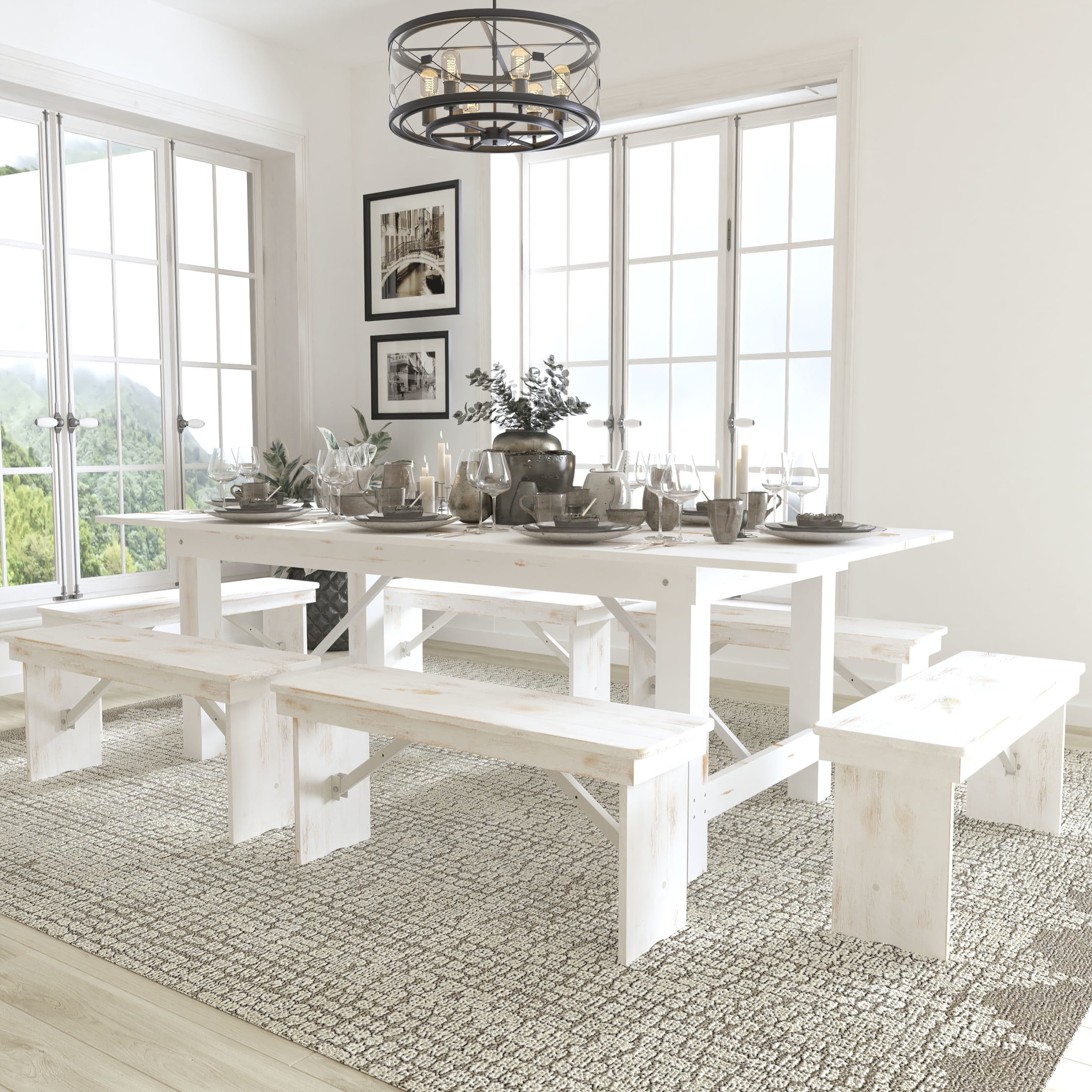 Antique Rustic White Solid Pine 8' Folding Farm Table & Bench Set
