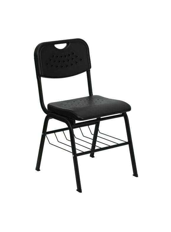 Flash Furniture HERCULES Series 880 lb. Capacity Black Plastic Chair with Black Frame and Book Basket