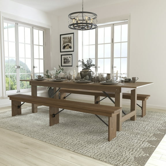 Flash Furniture HERCULES Series 9' x 40'' Antique Rustic Folding Farm Table and Two Bench Set