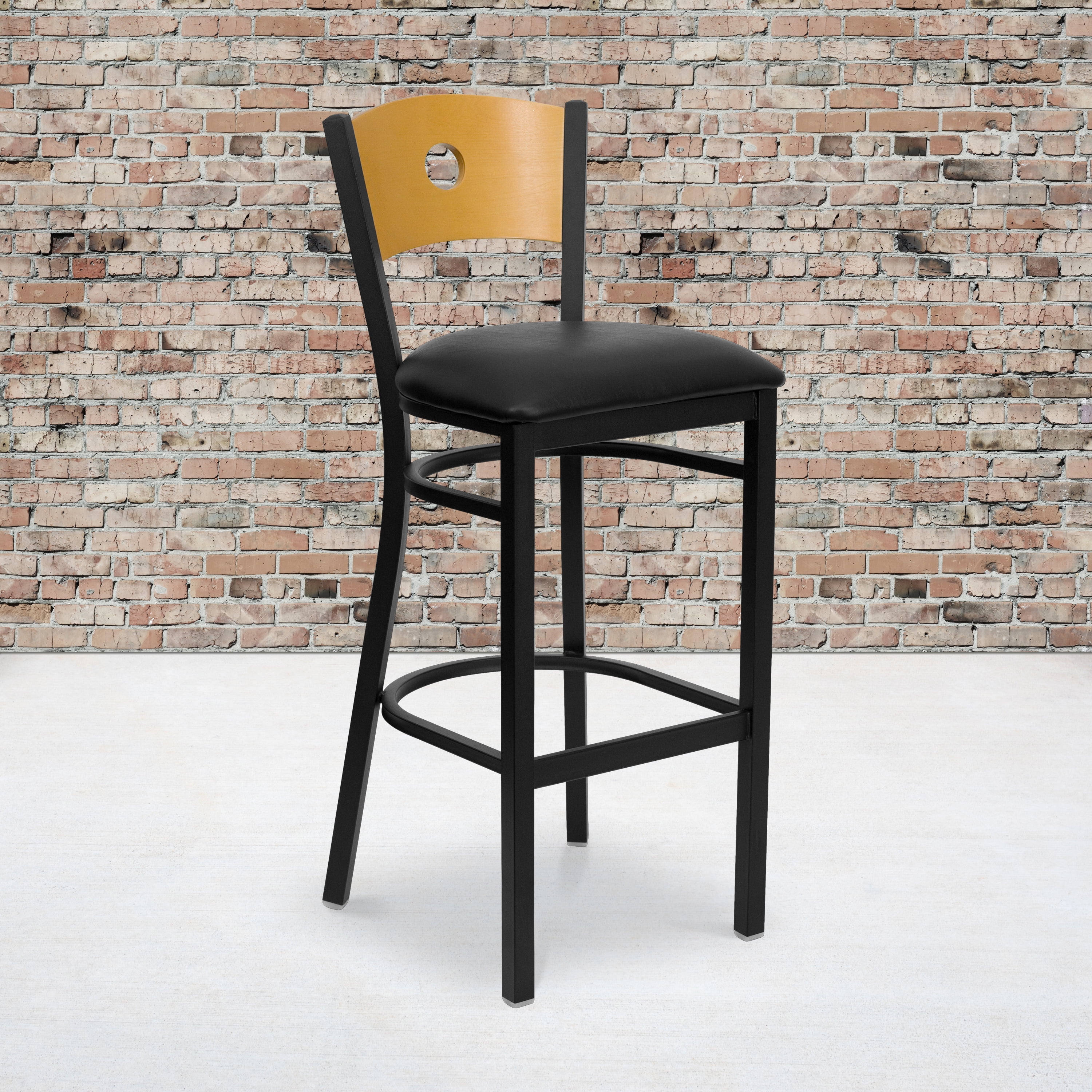 Natural Wood Back Black Vinyl Seat Metal Barstool