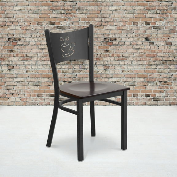 Flash Furniture HERCULES Series Black Coffee Back Metal Restaurant Chair - Walnut Wood Seat